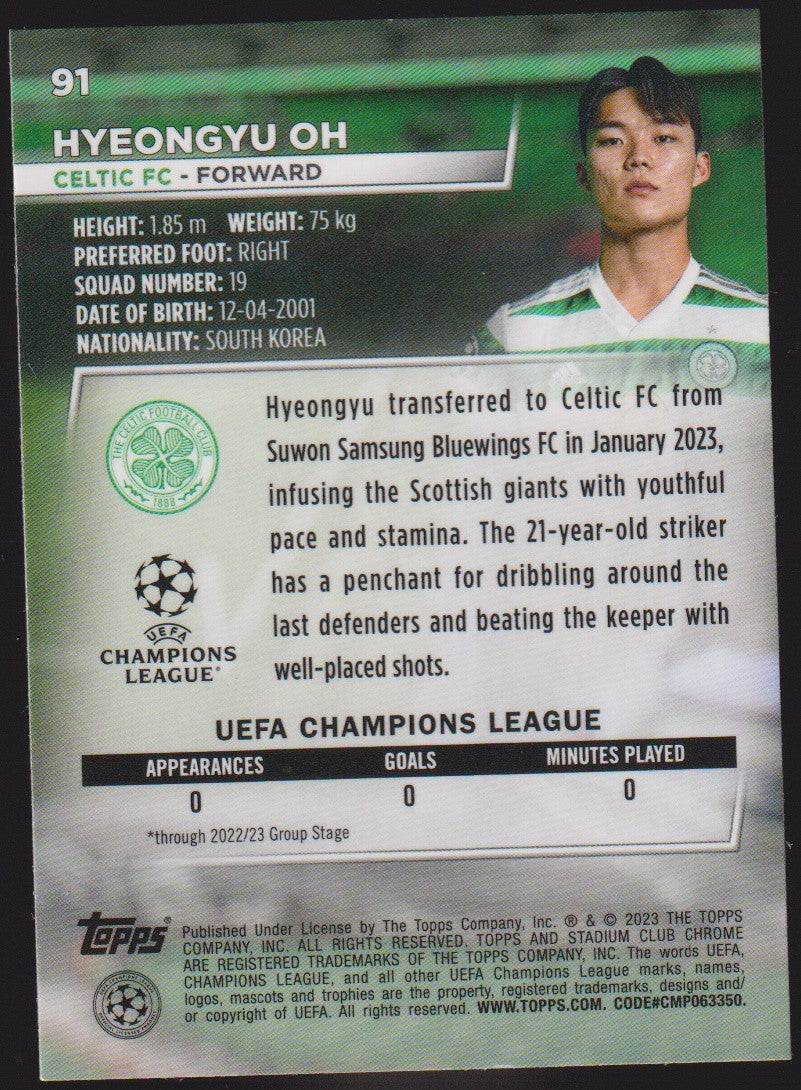 Topps Stadium Club Chrome 2022-23 Hyeongyu Oh Rookie Celtic FC Parallel – Bild 2