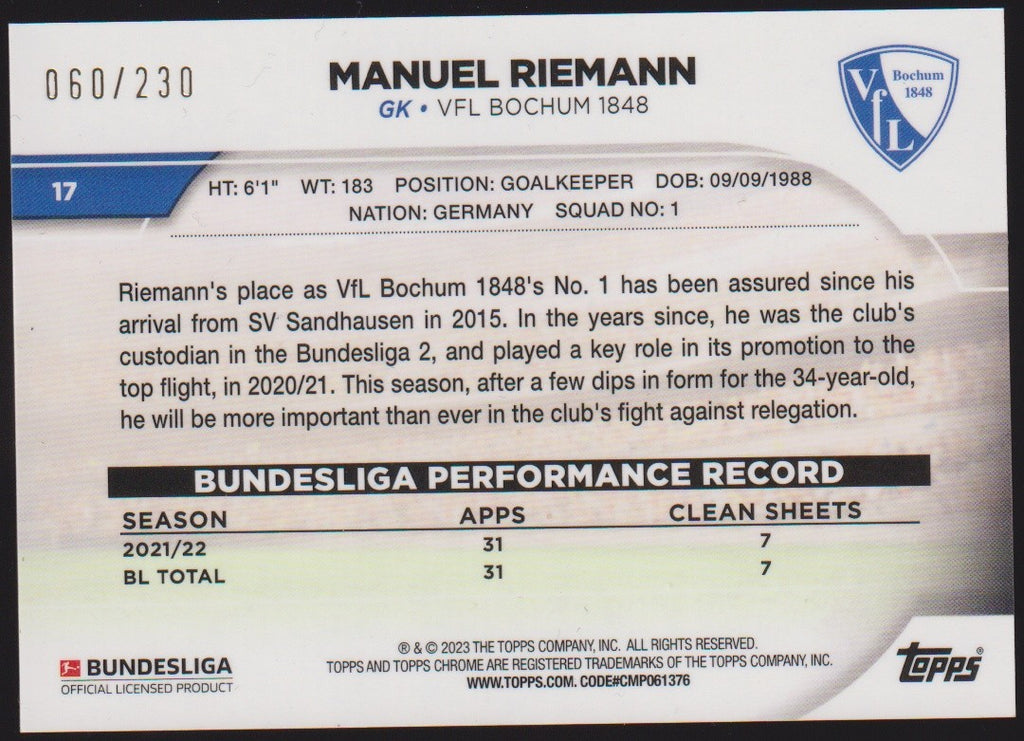Topps Chrome 2021-22 Manuel Riemann VfL Bochum 1848 Bundesliga Parallel 60/230 – Bild 2