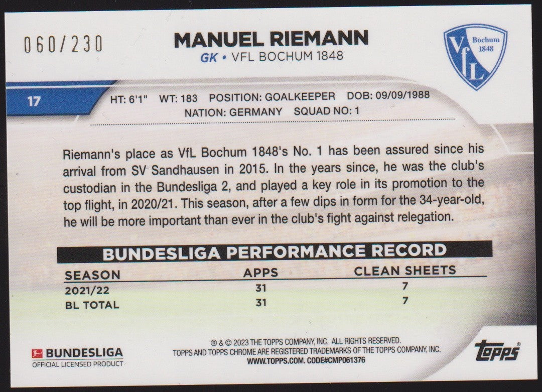 Topps Chrome 2021-22 Manuel Riemann VfL Bochum 1848 Bundesliga Parallel 60/230 – Bild 2