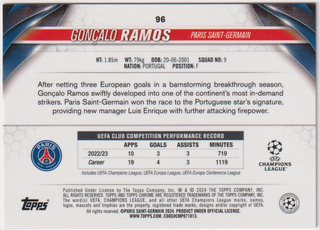 Topps Chrome 2022-23 Gonçalo Ramos Paris Saint-Germain Parallel 139/150 Rare – Bild 2