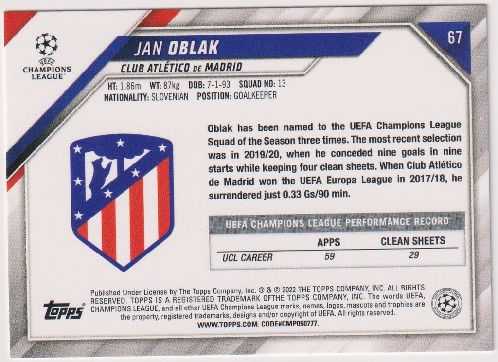 Topps 2022-23 Jan Oblak Club Atlético de Madrid Parallel Rare – Bild 2