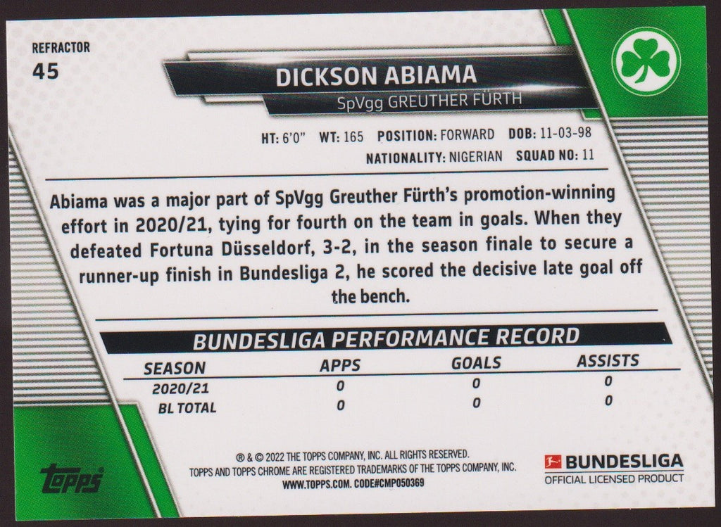 Topps Chrome 2023-24 Dickson Abiama Rookie Greuther Fürth Parallel Refractor – Bild 2