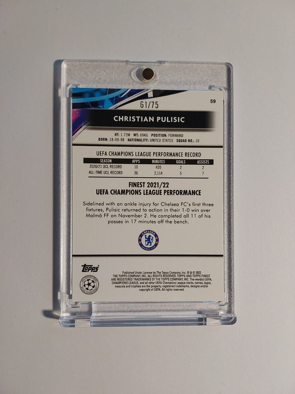 Topps Finest 2021-22 Christian Pulisic Chelsea Parallel 61/75 Refractor Rare Hit – Bild 2