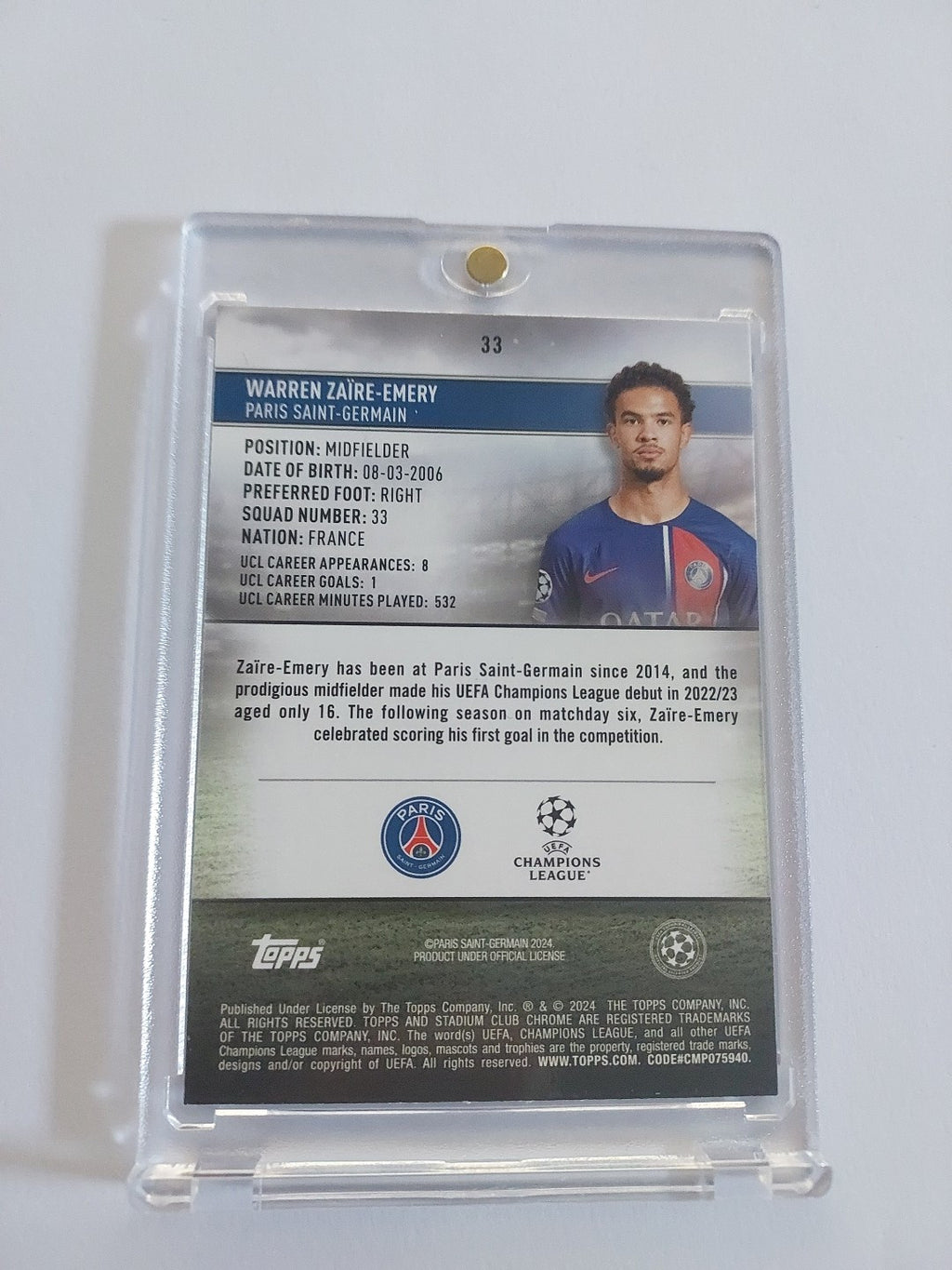 Topps Chrome 2023/24 Warren Zaire-Emery PSG Nummeriert 138/175 Parallel – Bild 2