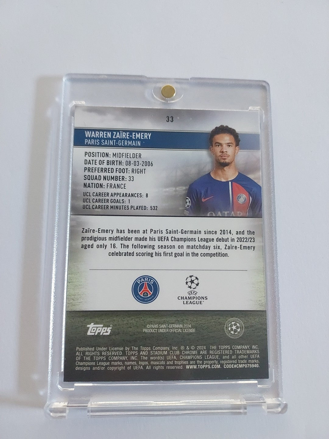 Topps Chrome 2023/24 Warren Zaire-Emery PSG Nummeriert 138/175 Parallel – Bild 2