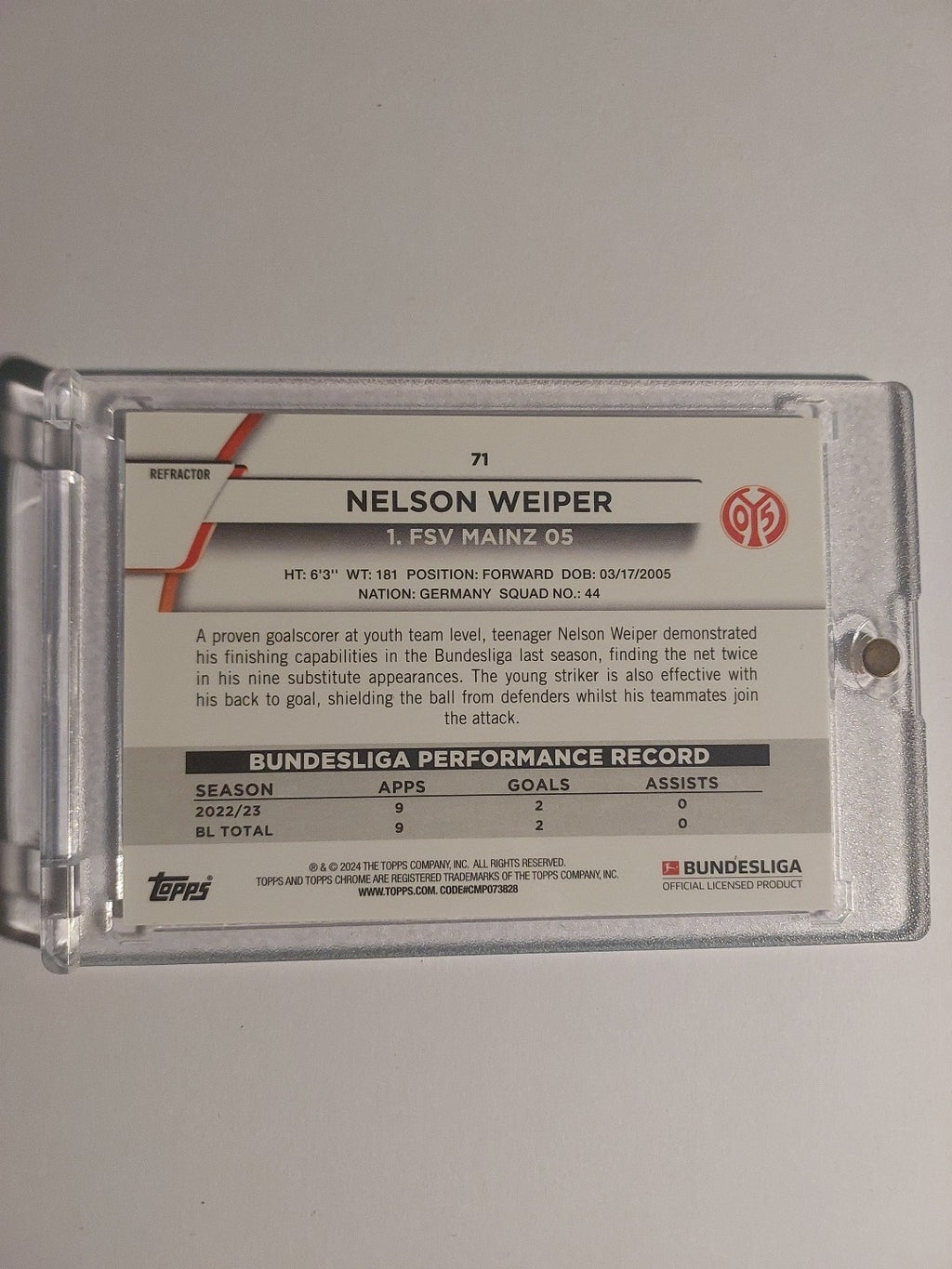 Topps Chrome 2023-24 Neslon Weiper Mainz 05 Nummeriert 63/399 Parallel Refractor – Bild 2