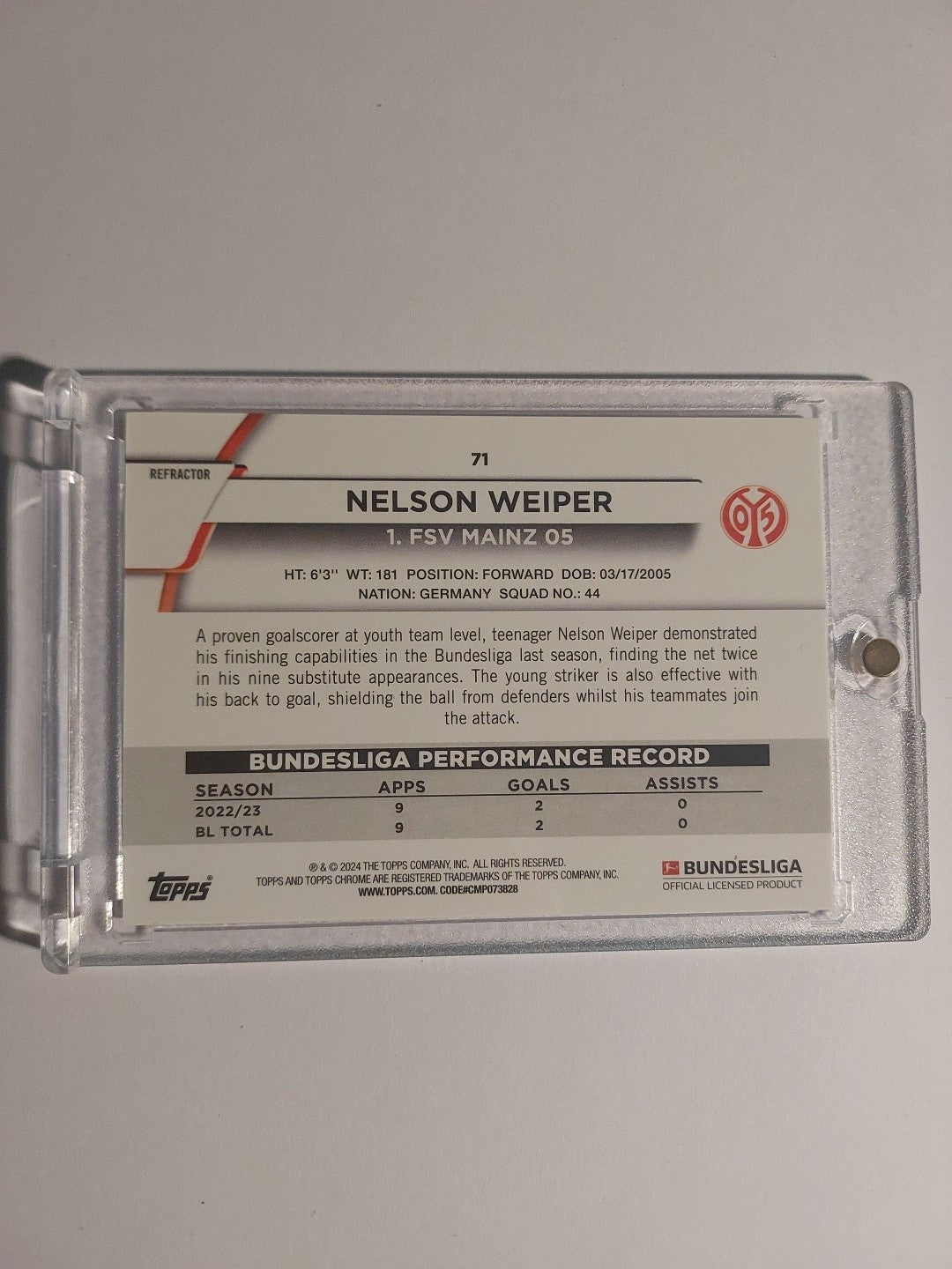 Topps Chrome 2023-24 Neslon Weiper Mainz 05 Nummeriert 63/399 Parallel Refractor – Bild 2