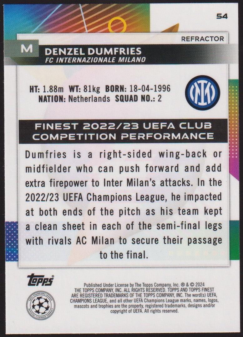 Topps Finest 2023-24 Denzel Dumfries FC Internazionale Milano Parallel Refractor – Bild 2