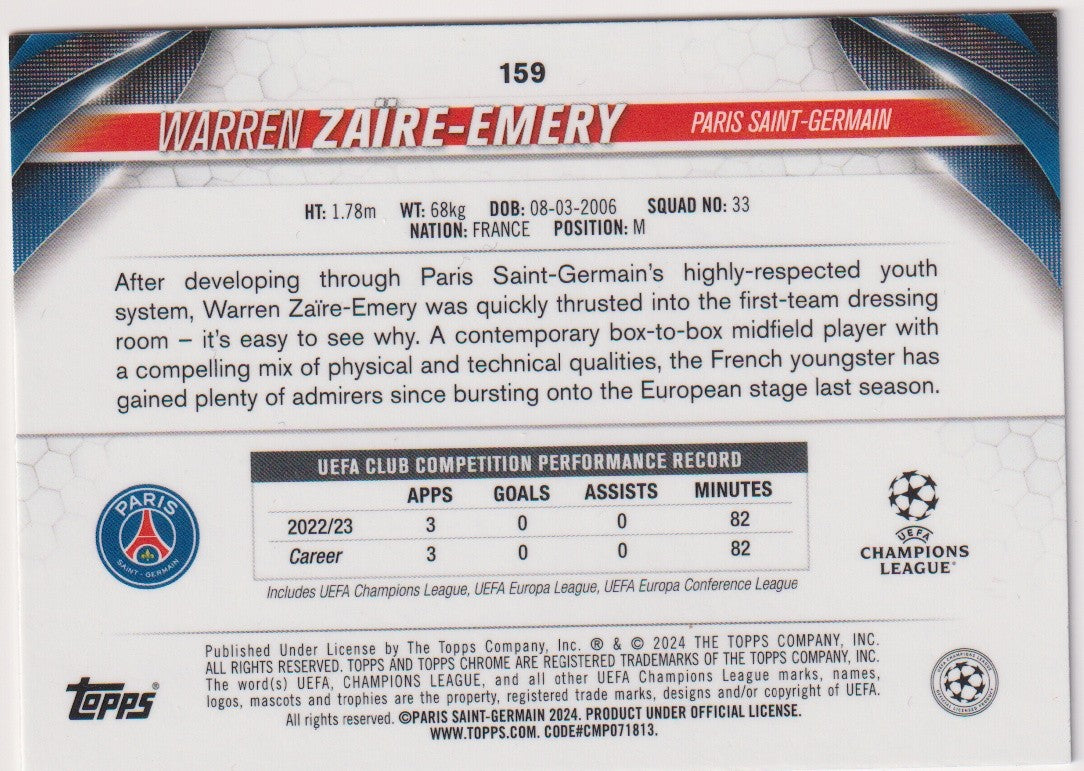 Topps Chrome 2024-25 Warren Zaire-Emery Rookie Paris Saint-Germain Parallel Rare – Bild 2