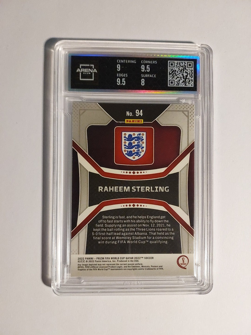 Panini PRIZM WM 2022 Raheem Sterling England Arena Club Grading 8,5 Parallel Hit – Bild 2