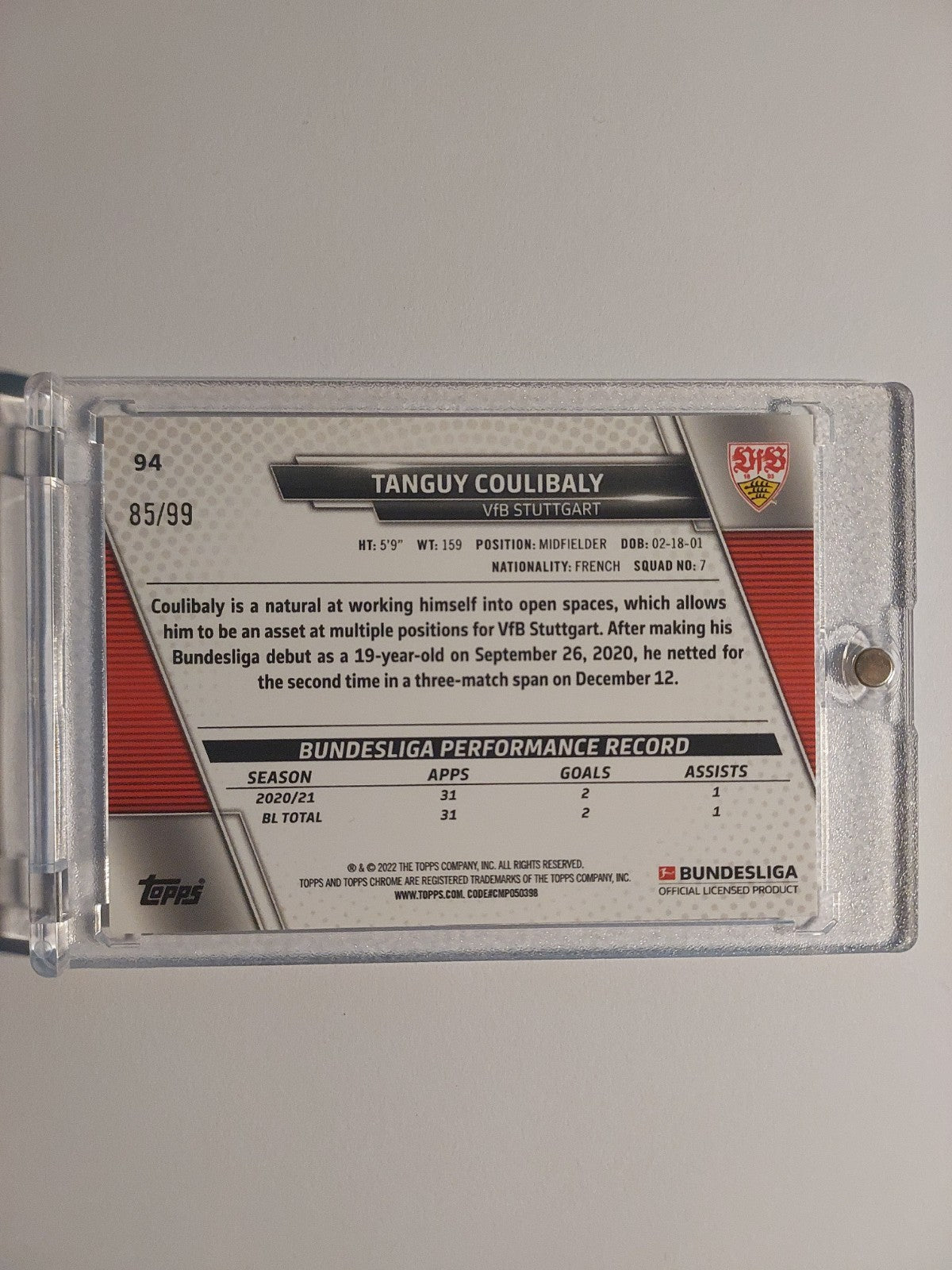 Topps Chrome Bundesliga 2021-22 Tanguy Coulibaly VfB Stuttgart Parallel 85/99 – Bild 2