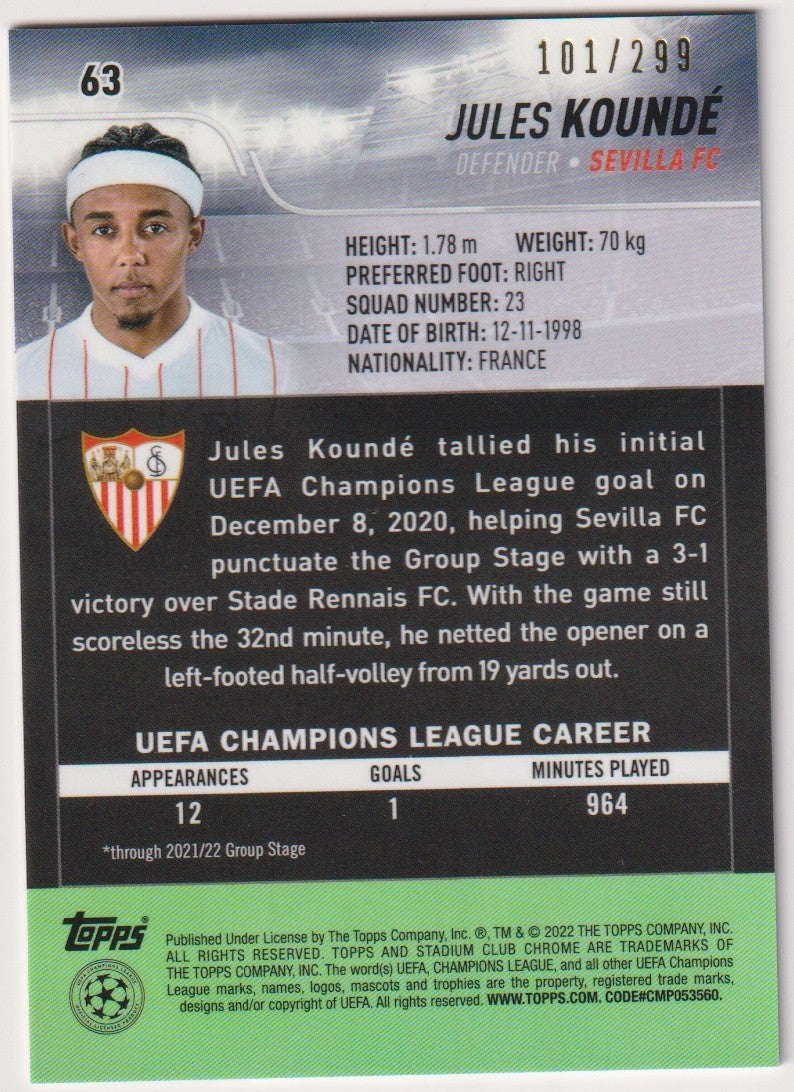 Topps Stadium Club Chrome 2022-23 Jules Koundé Sevilla FC Parallel 101/299 Rare – Bild 2