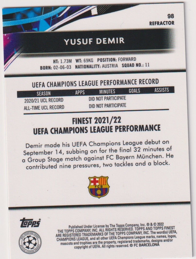 Topps Finest 2021-22 Yusuf Demir Rookie FC Barcelona Parallel Refractor – Bild 2