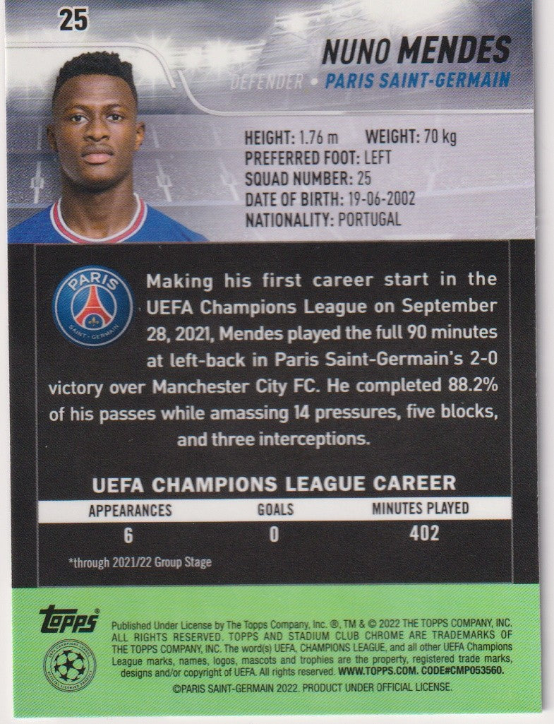 Topps Stadium Club 2021-22 Nuno Mendes Rookie Paris Saint-Germain Parallel – Bild 2