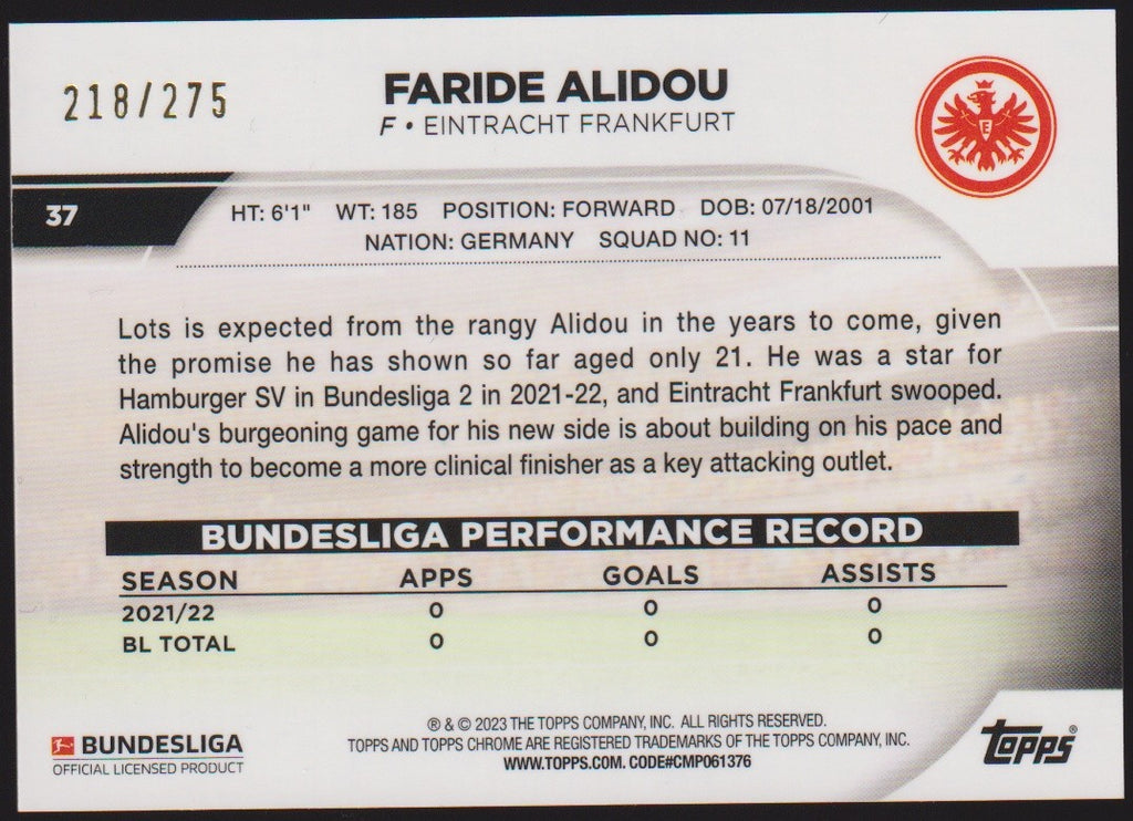 Topps Chrome 2022-23 Faride Alidou Eintracht Frankfurt Rookie Parallel 218/275 – Bild 2