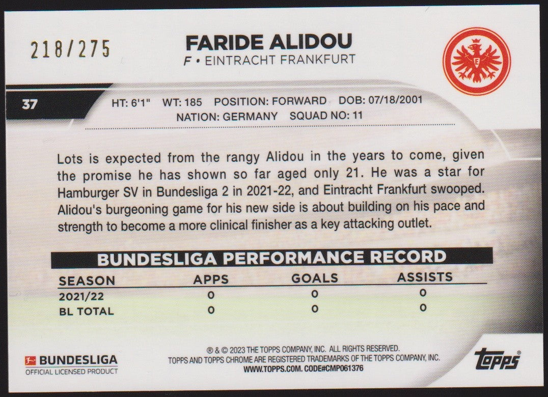Topps Chrome 2022-23 Faride Alidou Eintracht Frankfurt Rookie Parallel 218/275 – Bild 2