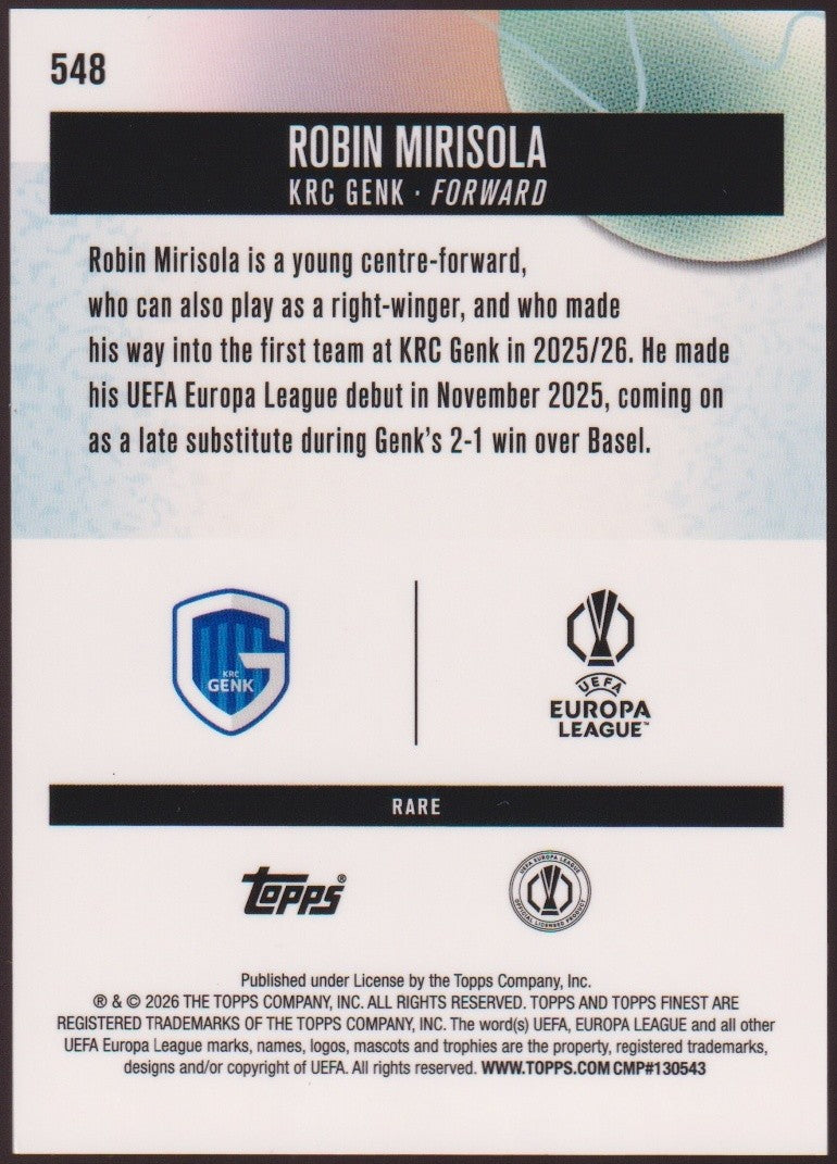 Topps Finest 2025-26 Robin Mirisola KRC Genk Parallel 26/75 Rare Rookie – Bild 2