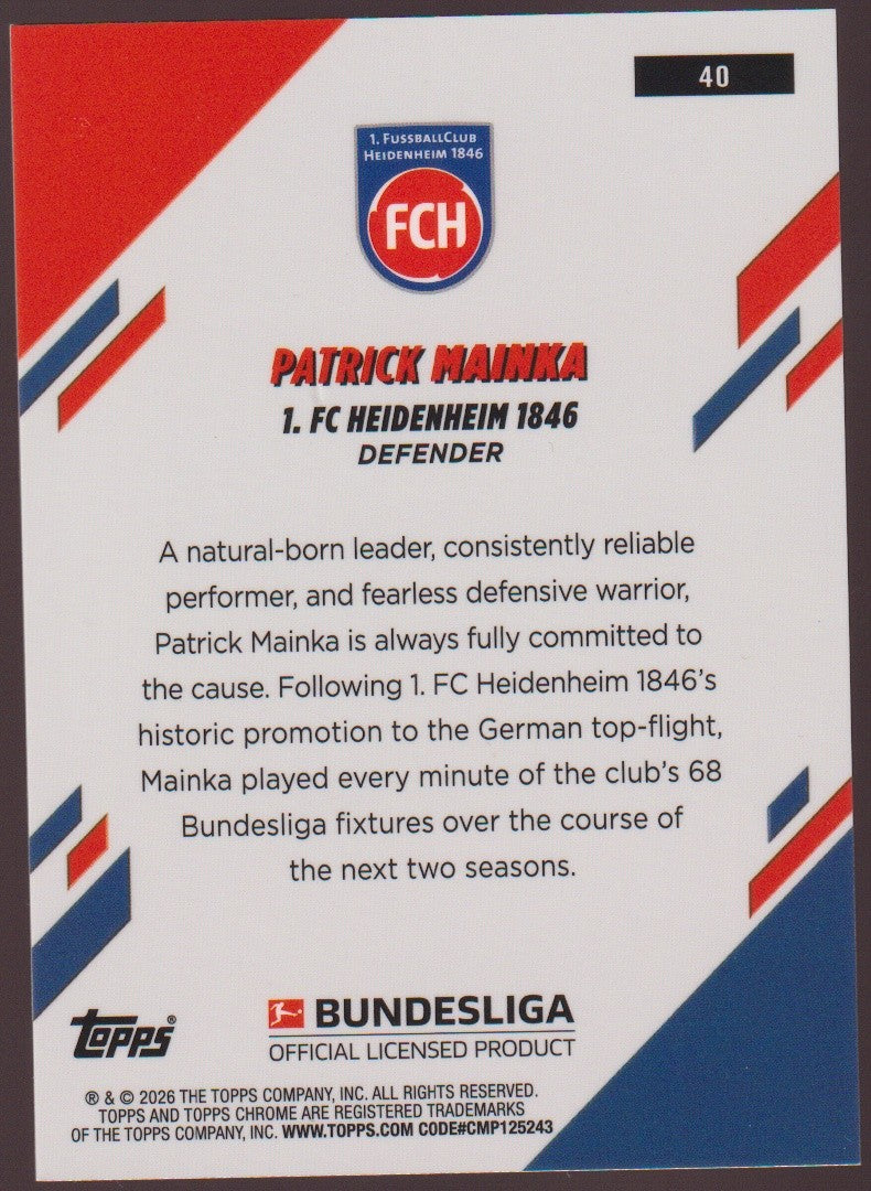 Topps Chrome 2025-26 Patrick Mainka 1. FC Heidenheim 1846 Parallel 164/199 – Bild 2