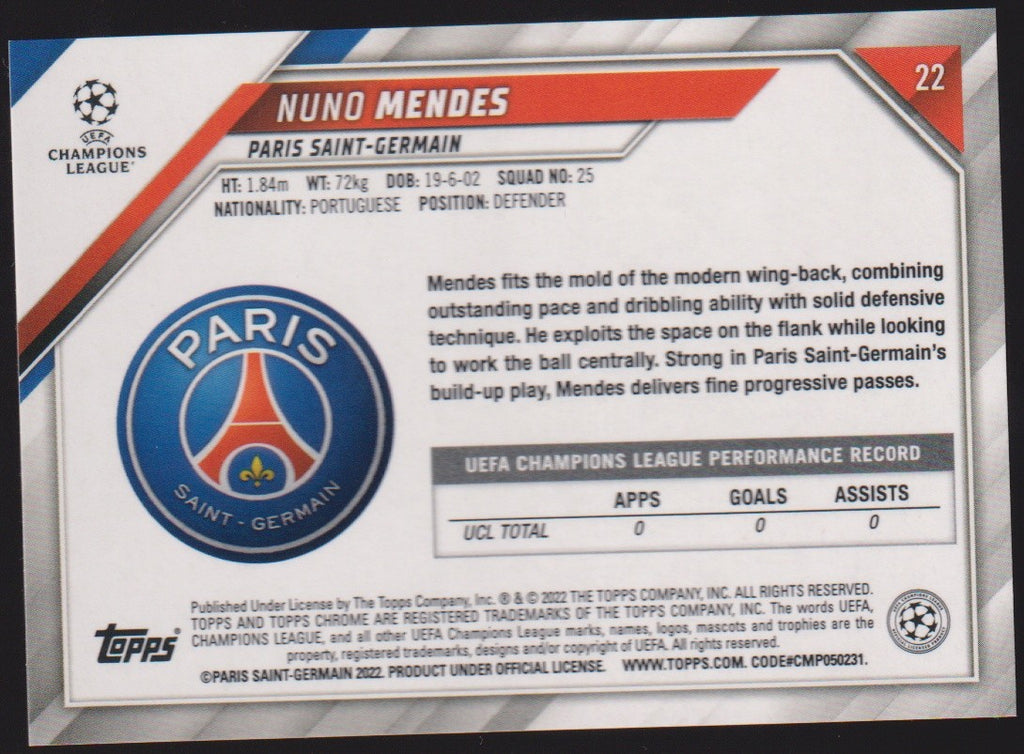 Topps Champions League 2021-22 Nuno Mendes Rookie Paris Saint-Germain Parallel – Bild 2