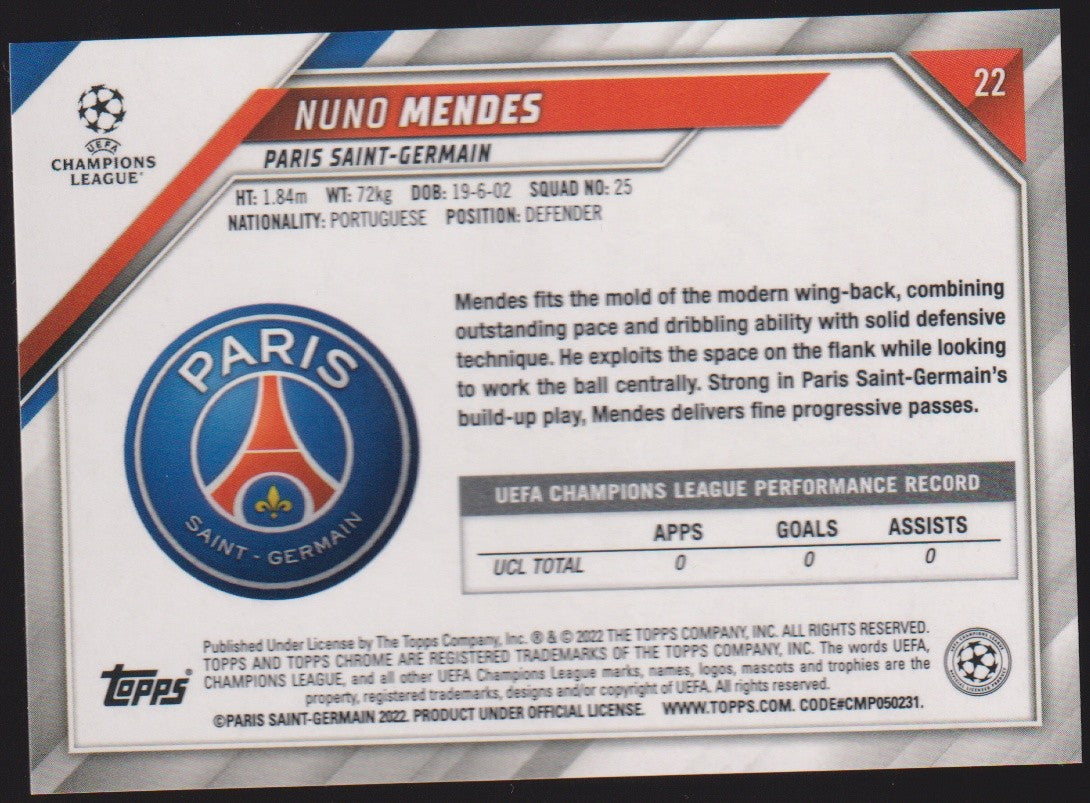 Topps Champions League 2021-22 Nuno Mendes Rookie Paris Saint-Germain Parallel – Bild 2