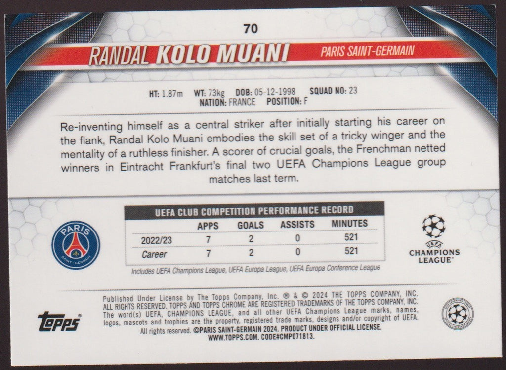 Topps Chrome 2023-24 Randal Kolo Muani Rookie Paris Saint-Germain Parallel – Bild 2