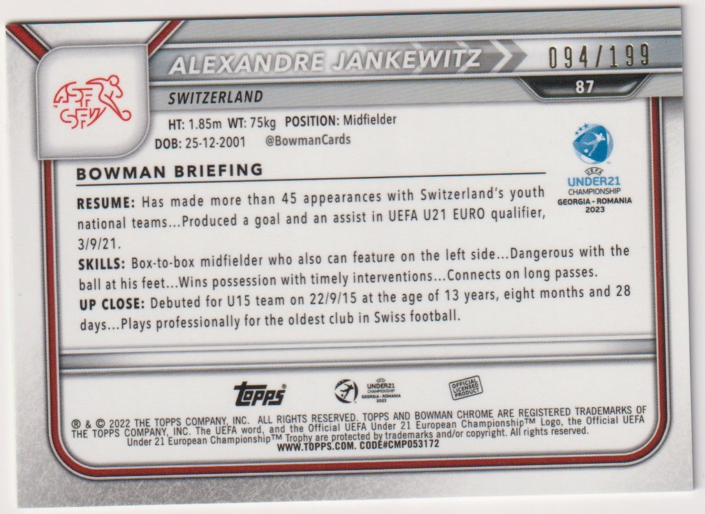 Topps Bowman Chrome 2023-24 Alexandre Jankewitz Rookie Switzerland Parallel – Bild 2