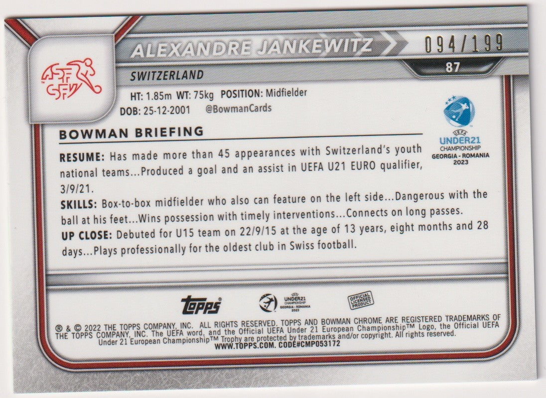 Topps Bowman Chrome 2023-24 Alexandre Jankewitz Rookie Switzerland Parallel – Bild 2