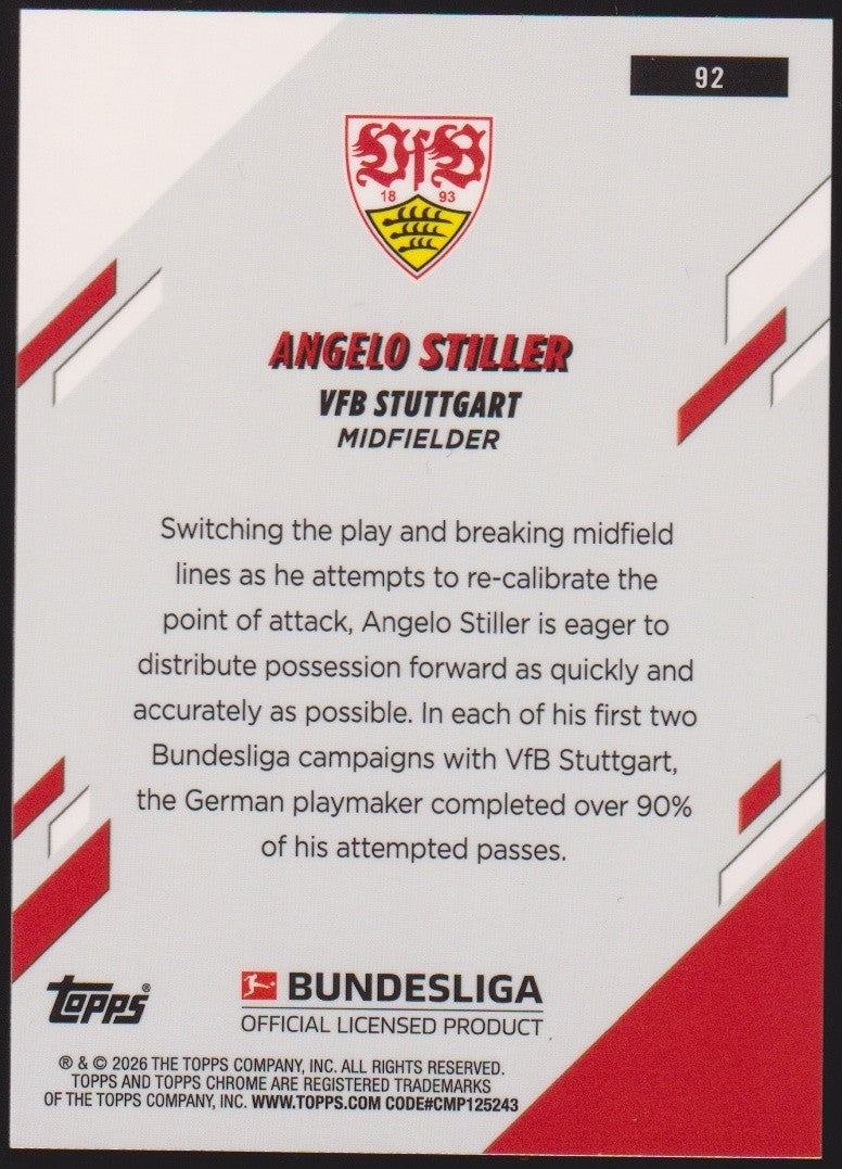 Topps Chrome 2025-26 Angelo Stiller VfB Stuttgart Bundesliga Parallel 61/75 Rare – Bild 2