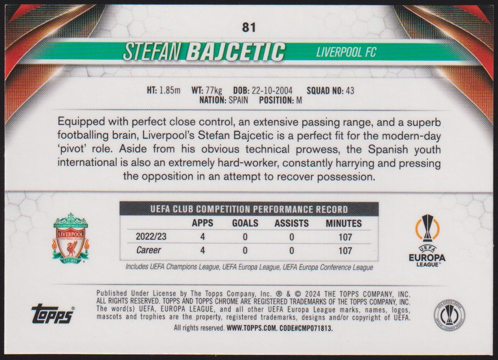 Topps Chrome 2023-24 Stefan Bajcetic Rookie Liverpool FC Parallel Rare – Bild 2