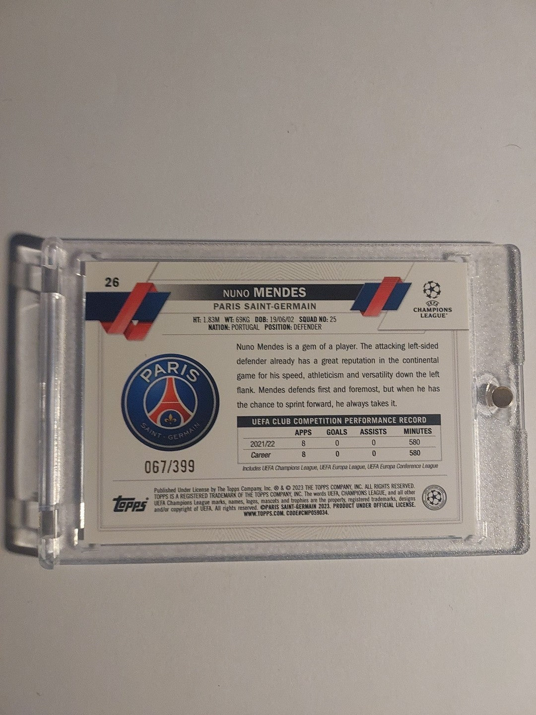 Topps UCC 2022-23 Nuno Mendes Paris Saint-Germain Parallel 67/399 Refractor – Bild 2