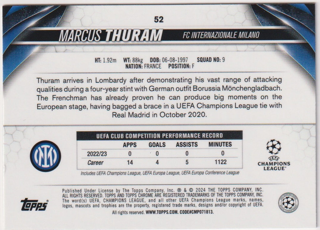 Topps Chrome 2023-24 Marcus Thuram FC Internazionale Milano Parallel 042/299 52 – Bild 2
