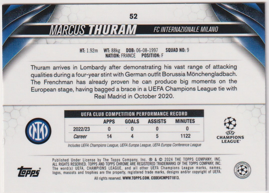 Topps Chrome 2023-24 Marcus Thuram FC Internazionale Milano Parallel 042/299 52 – Bild 2
