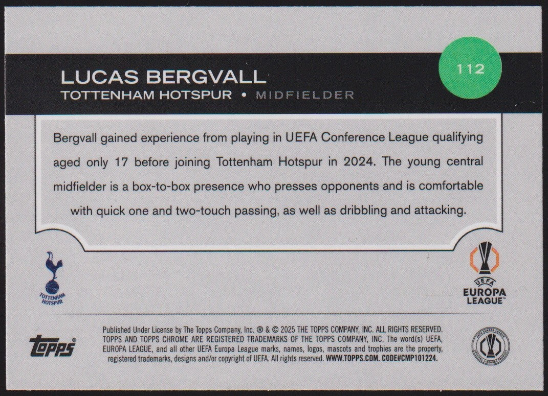 Topps Chrome 2024-25 Lucas Bergvall Tottenham Hotspur Parallel Refractor Rookie – Bild 2