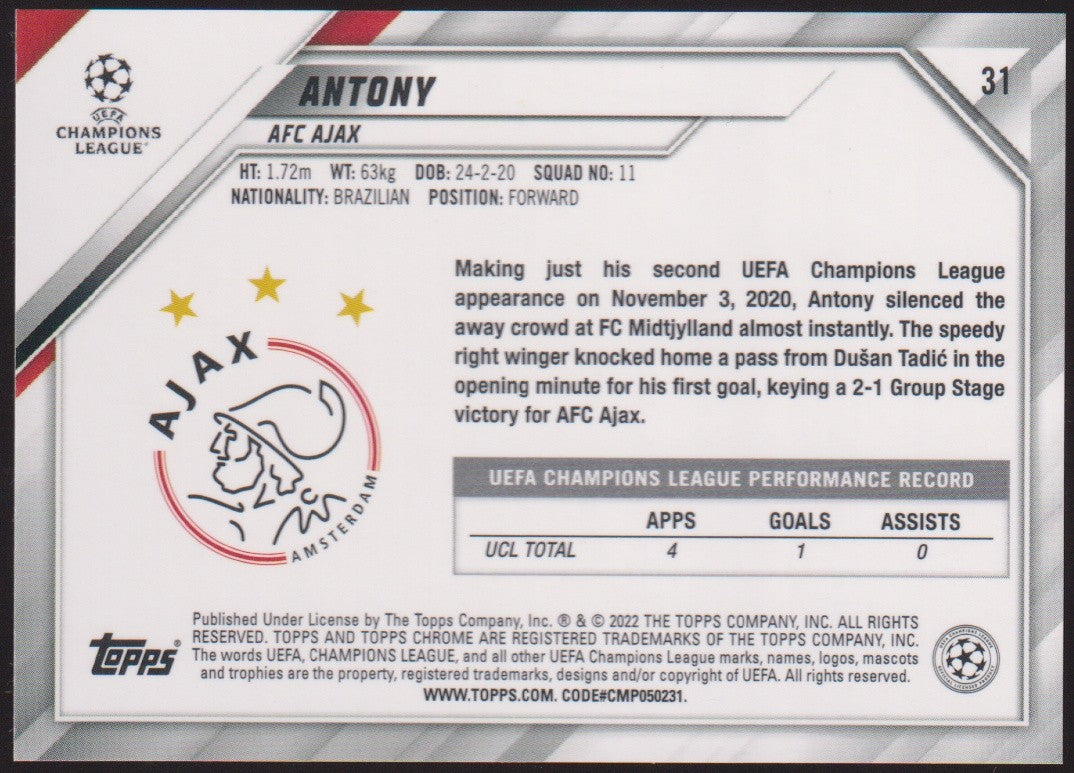 Topps Chrome 2021-22 Antony Rookie AFC Ajax Parallel Rare – Bild 2