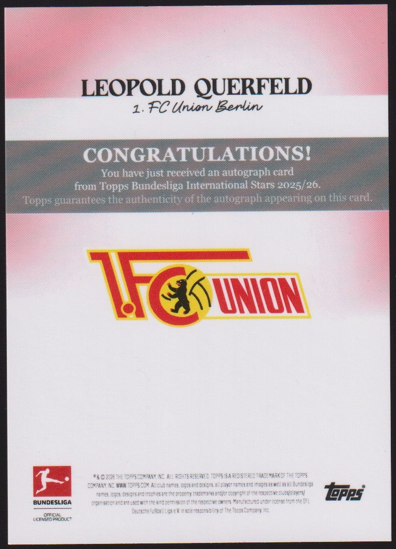 Topps 2025-26 Leopold Querfeld Auto 1. FC Union Berlin Parallel 4/99 – Bild 2
