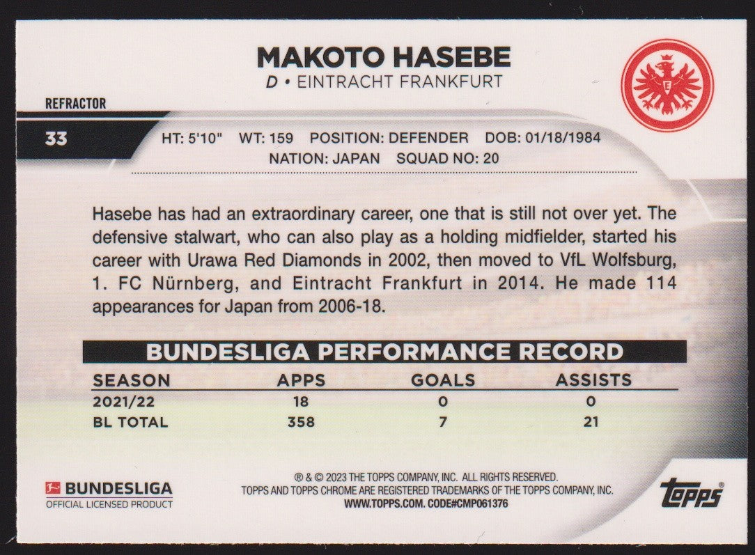 Topps Chrome 2021-22 Makoto Hasebe Eintracht Frankfurt Parallel Refractor – Bild 2