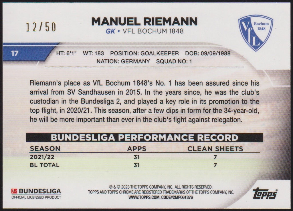 Topps Chrome 2022-23 Manuel Riemann VfL Bochum 1848 Bundesliga Parallel 12/50 – Bild 2