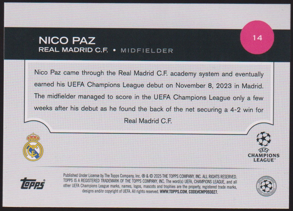 Topps 2024-25 Nico Paz Rookie Real Madrid C.F. UEFA Champions League Parallel – Bild 2