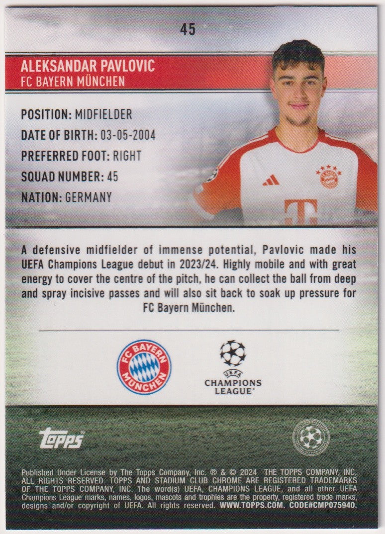 Topps Stadium Club 2023-24 Aleksandar Pavlovic Rookie FC Bayern München Parallel – Bild 2