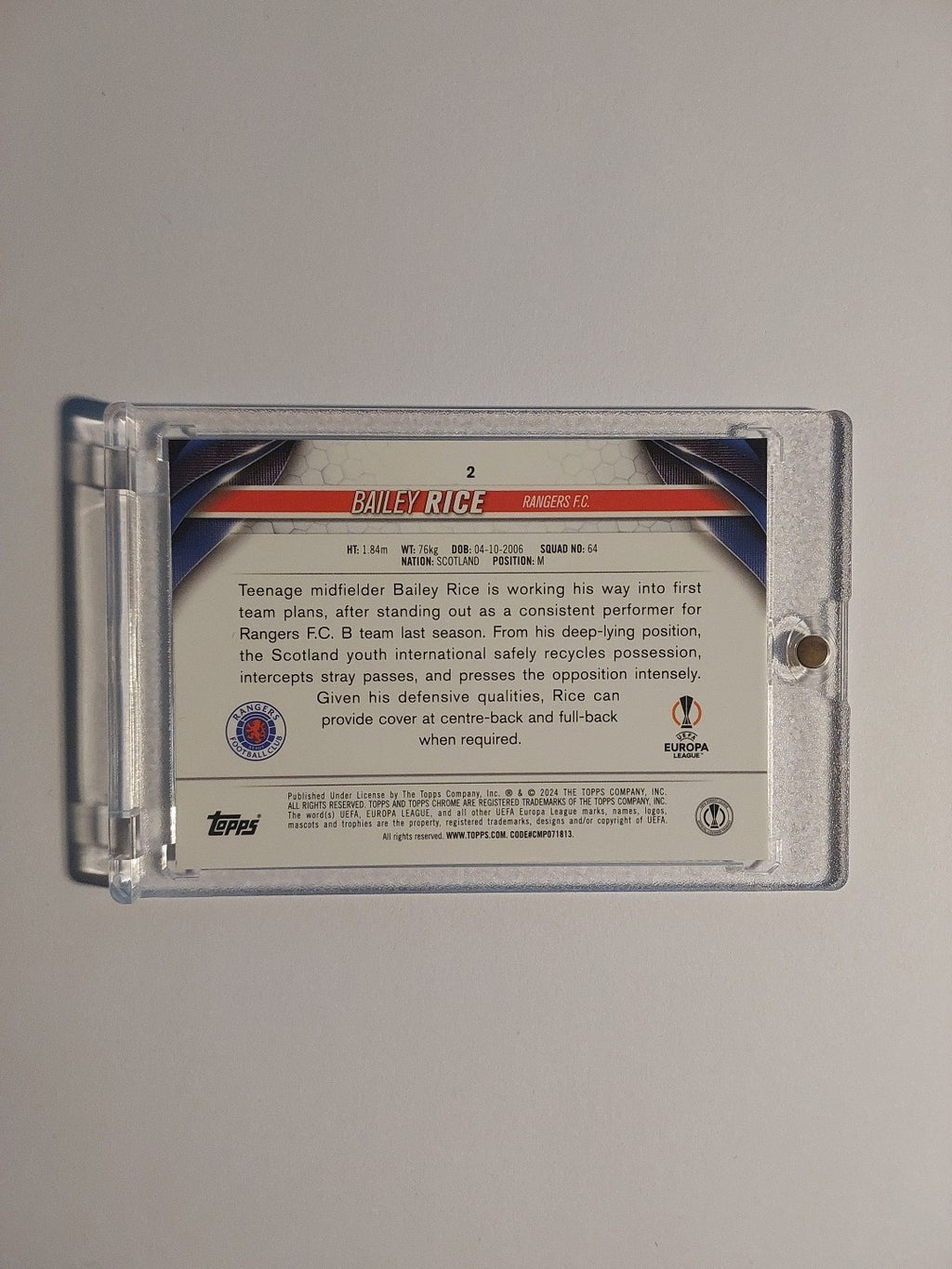 Topps UCC Chrome 2023-24 Bailey Rice Glasgow Rangers Parallel 146/150 Refractor – Bild 2