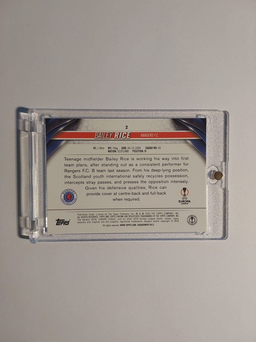 Topps UCC Chrome 2023-24 Bailey Rice Glasgow Rangers Parallel 146/150 Refractor – Bild 2