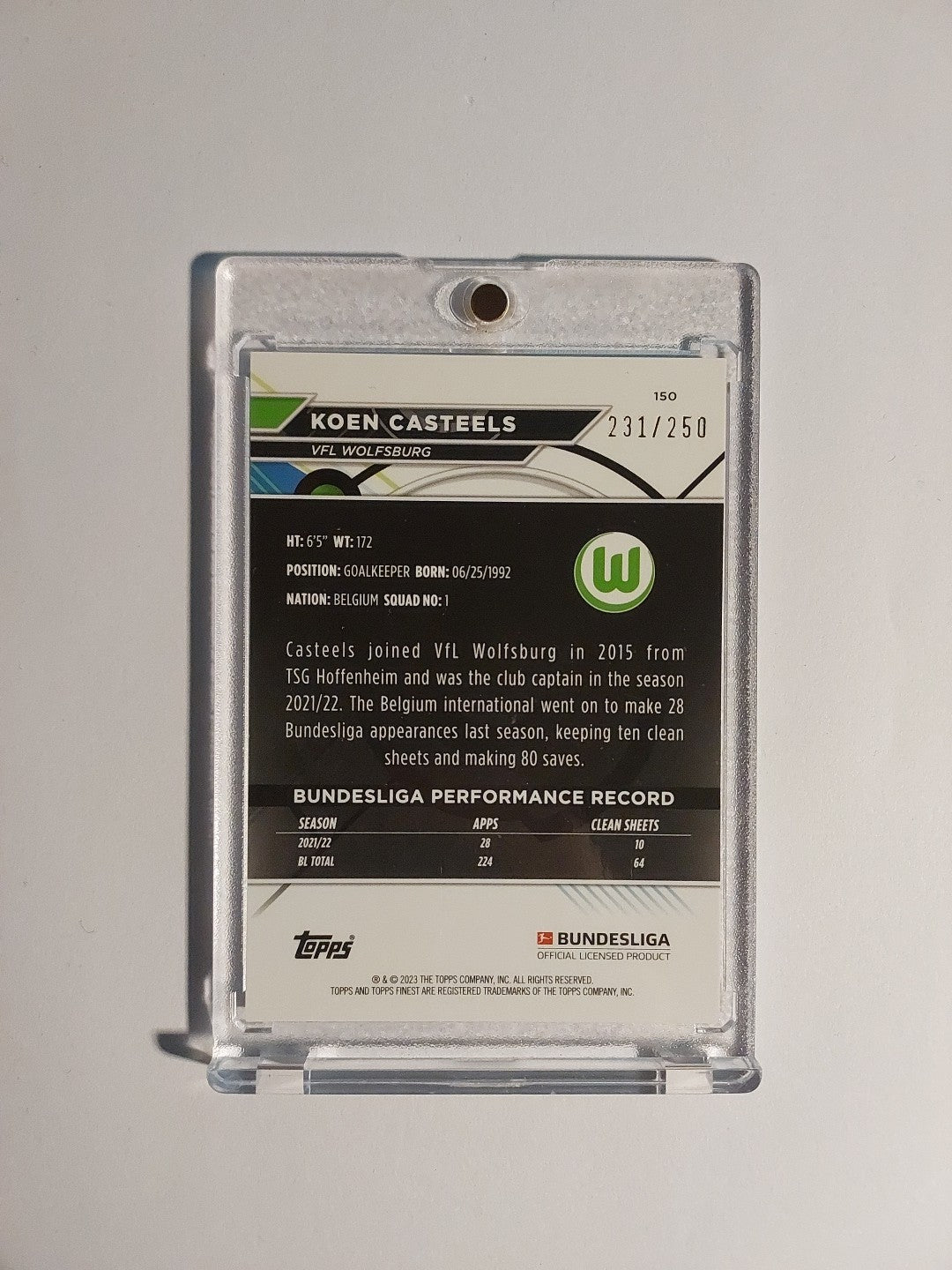 Topps Finest Bundesliga 2022-23 Koen Casteels Wolfsburg Parallel 231/250 Rare – Bild 2