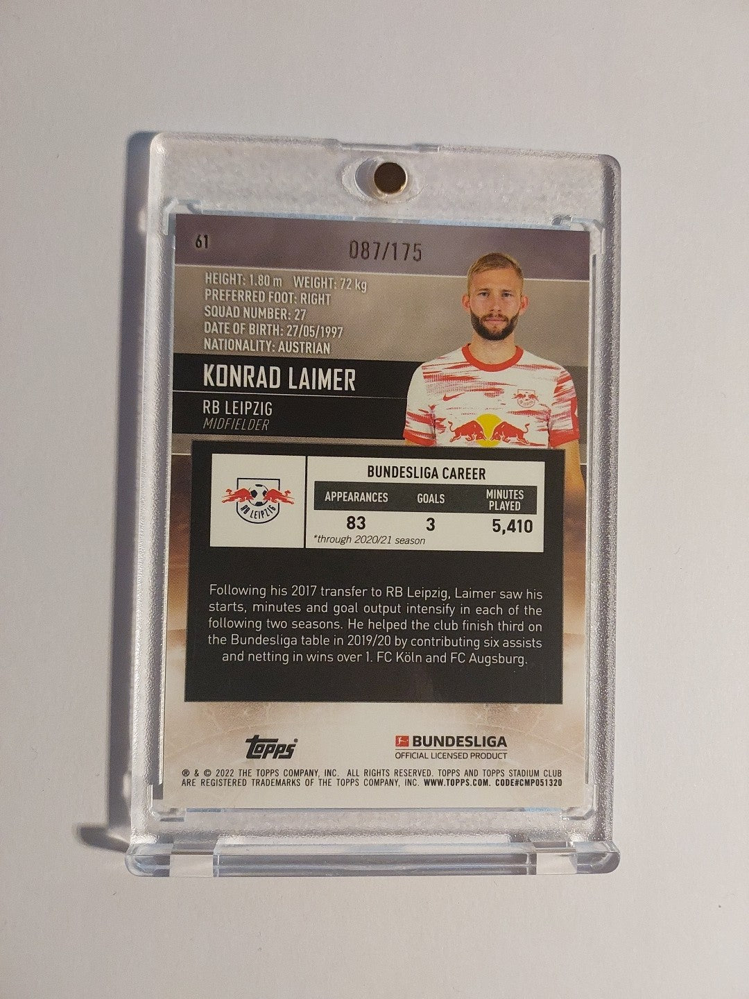 Topps Chrome 21-22 Konrad Laimer RB Leipzig Nummeriert 87/175 Parallel Refractor – Bild 2