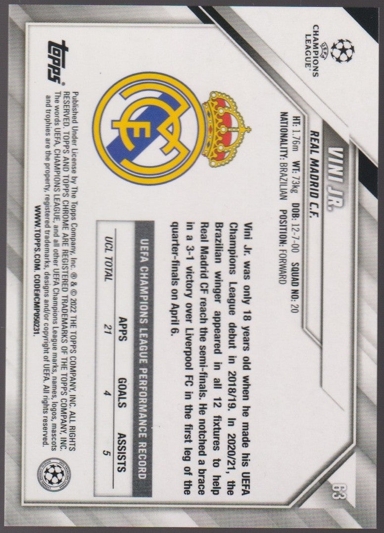 Topps Chrome 2020-21 Vini Jr. Real Madrid C.F. UEFA Champions League Parallel – Bild 2