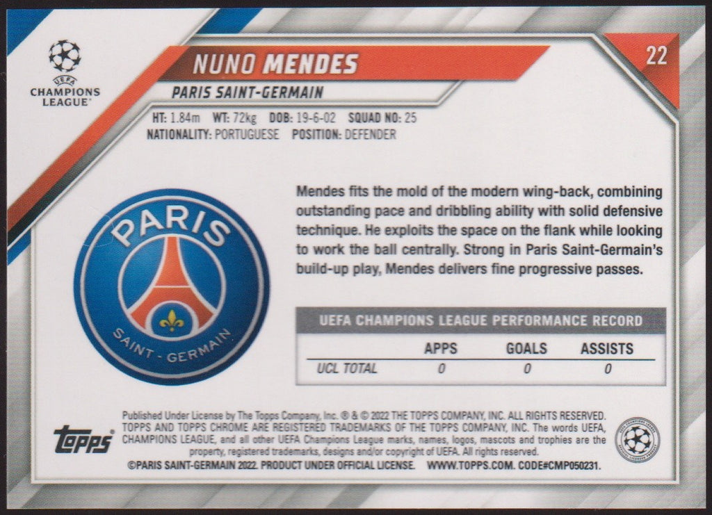Topps Chrome 2021-22 Nuno Mendes Rookie Paris Saint-Germain Parallel Rare Nr. 25 – Bild 2