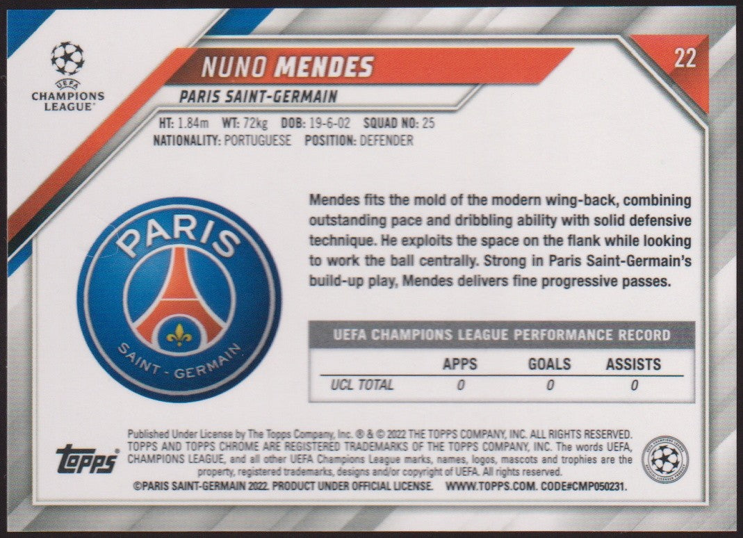 Topps Chrome 2021-22 Nuno Mendes Rookie Paris Saint-Germain Parallel Rare Nr. 25 – Bild 2