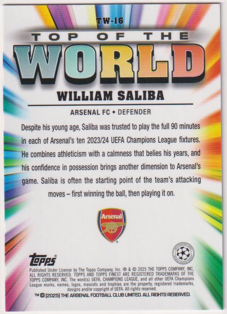 Topps Finest 2023-24 William Saliba Rookie Arsenal FC Top of the World – Bild 2