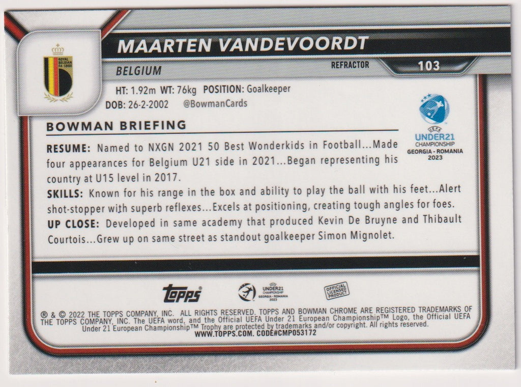 Topps Chrome 2022-23 Maarten Vandevoordt Belgien Bowman Parallel Refractor – Bild 2