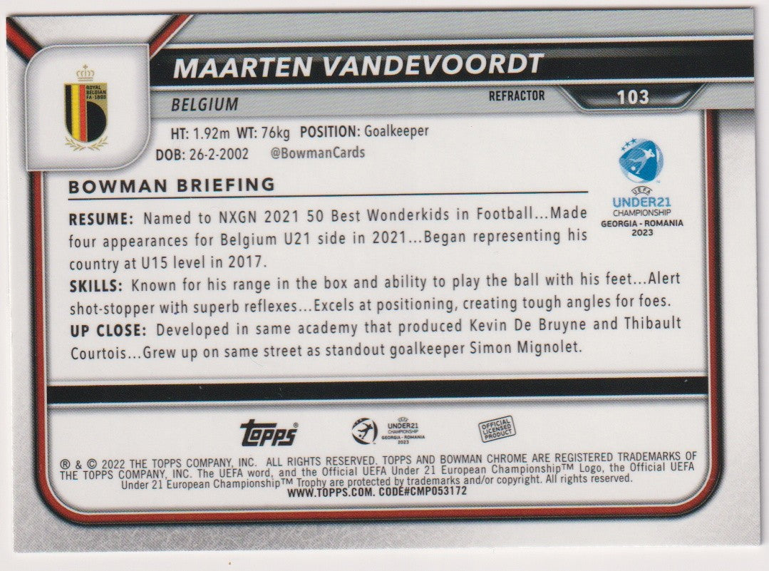 Topps Chrome 2022-23 Maarten Vandevoordt Belgien Bowman Parallel Refractor – Bild 2