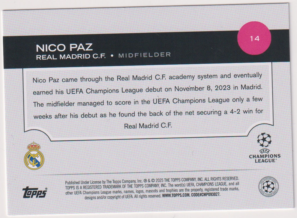 Topps Future Stars 2025-26 Nico Paz Rookie Real Madrid C.F. UEFA Champions – Bild 2